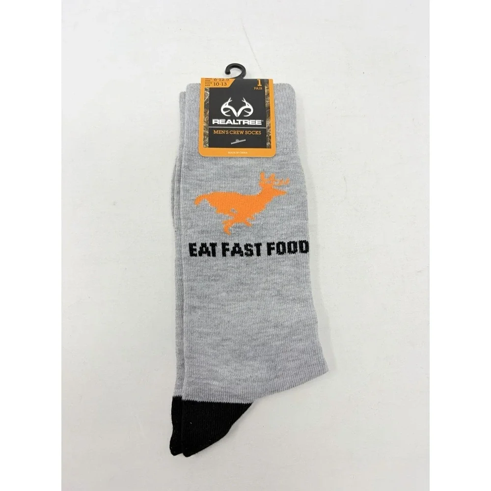Realtree Mens Sock Size 10-13 Eat Fast Food Deer Hunting Crew Socks in Gray 2392